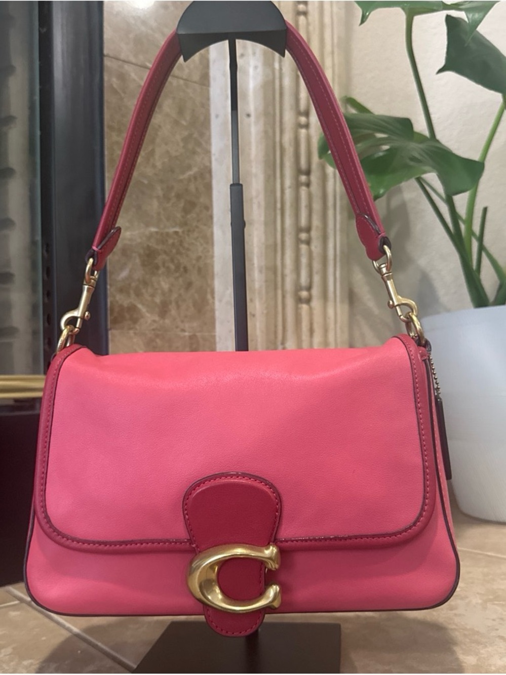 Coach Pink and Red Leather Shoulder Bag with Gold C Accent